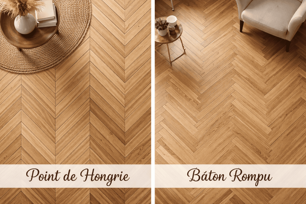 Différence entre parquet point de Hongrie et bâton rompu illustration des deux motifs de pose en bois