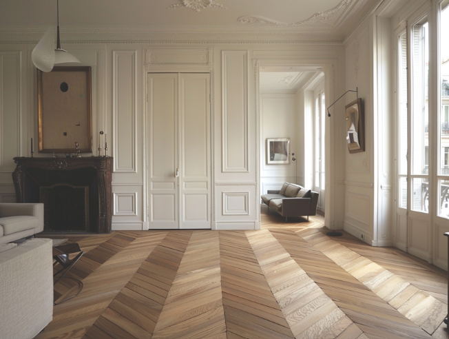 appartement haussmannien rénové dans des tons clairs avec parquet chevrons et moulures conservées