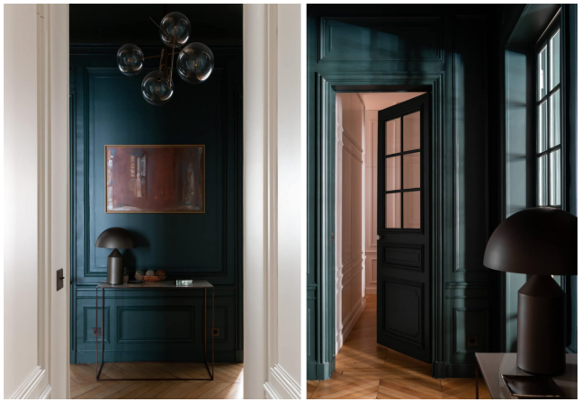 Appartement parisien parquet chevrons et rénovation peinture en bleu canard