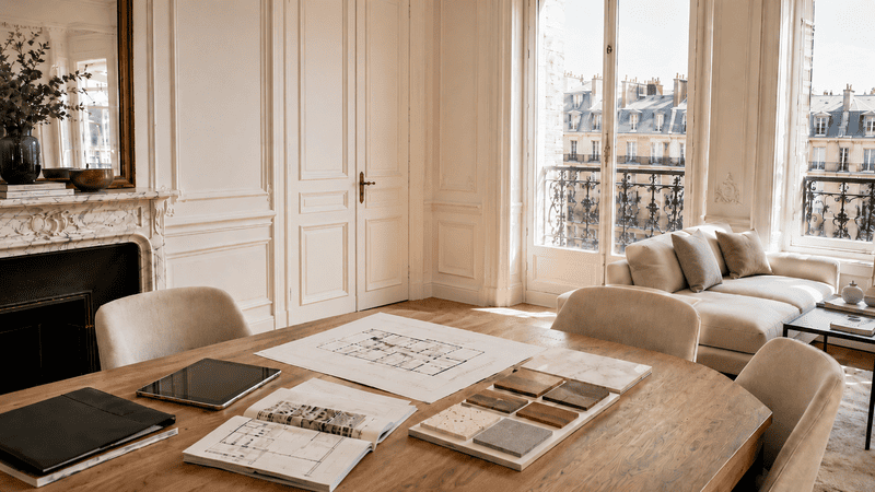pièce d'un appartement haussmannien avec des plans et des échantillons posés sur la table de salle à manger